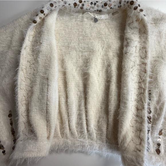 Anthropologie Knitted & Knotted Soiree Open Sweater White Gold Sequin Medium - Picture 3 of 8